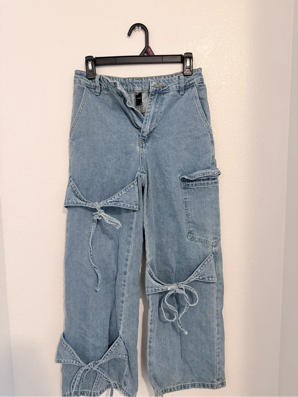 Cider Light Blue Wide Leg Cargo Jeans with Tie Details